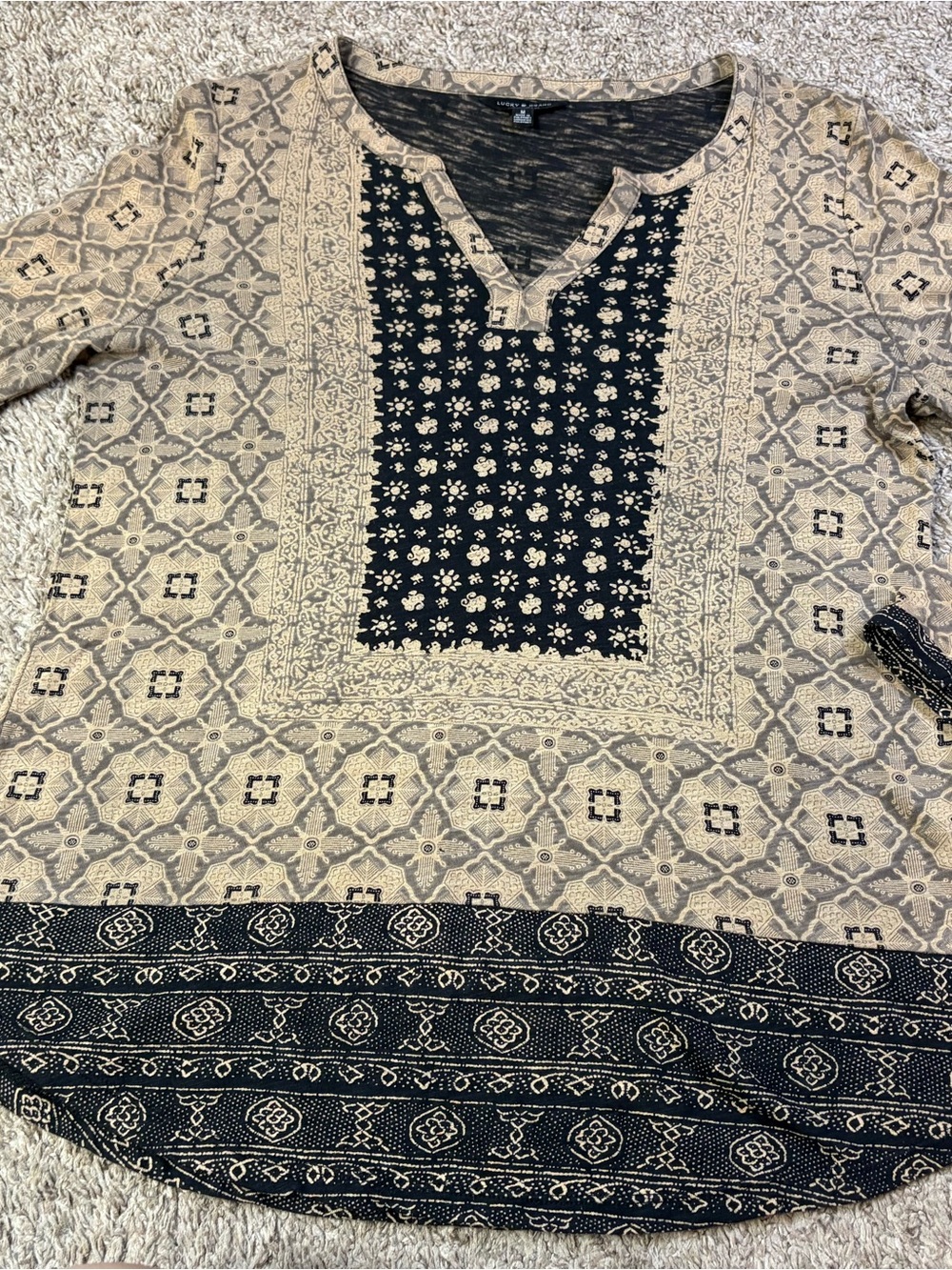 Lucky Brand Beige and Black Printed Long Sleeve Top